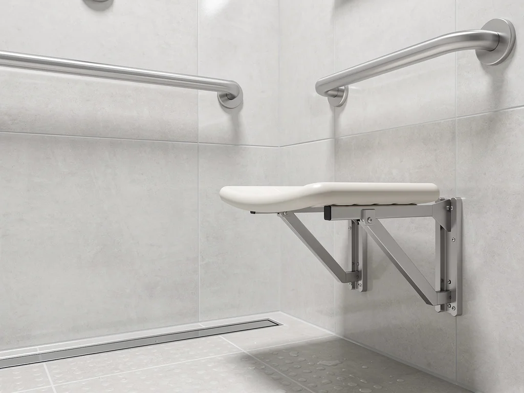 Barres d'appui et siège rabattable dans une douche senior sécurisée