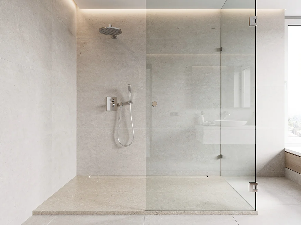 Douche à l'italienne au receveur extra-plat et sol antidérapant