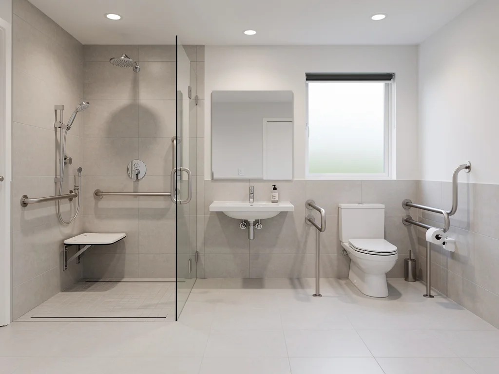 Salle de bain accessible en fauteuil roulant, espace dégagé et clair