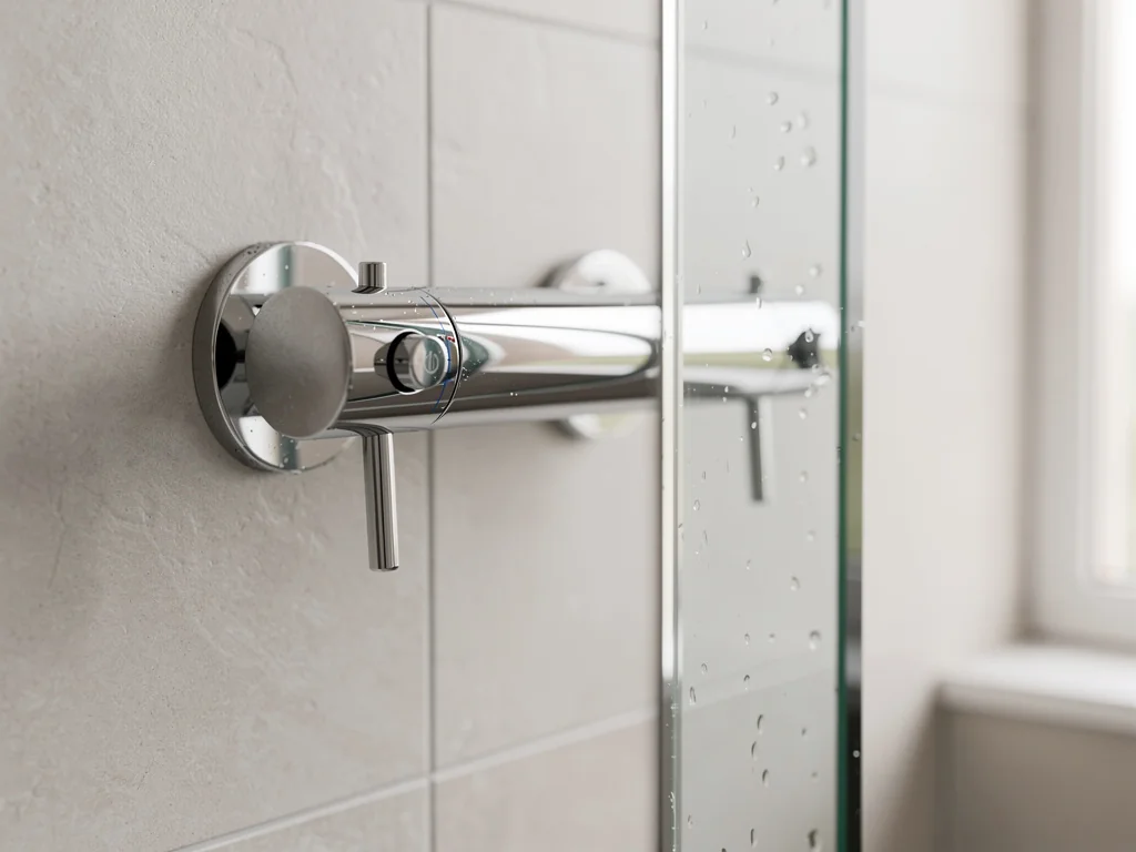 Mitigeur thermostatique anti-brûlure et paroi vitrée de douche
